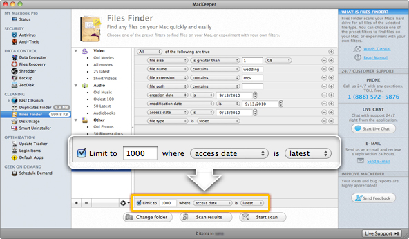 Limit the results by quantity and file size as well as creation, modification and access dates.