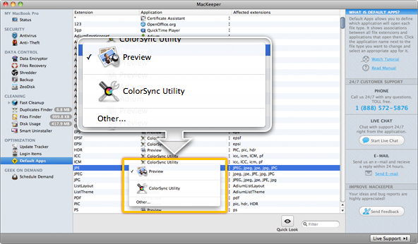 Clicking the pop-up button near an extension will show the list of applications that open this file type.