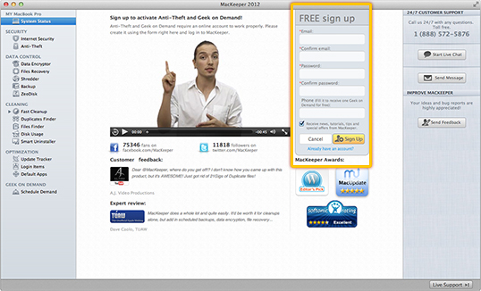 Free Sign Up Form of MacKeeper
