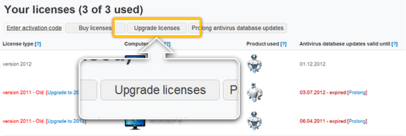 Licenses Page. Upgrade Licenses Button