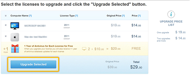 Upgrade Licenses Page
