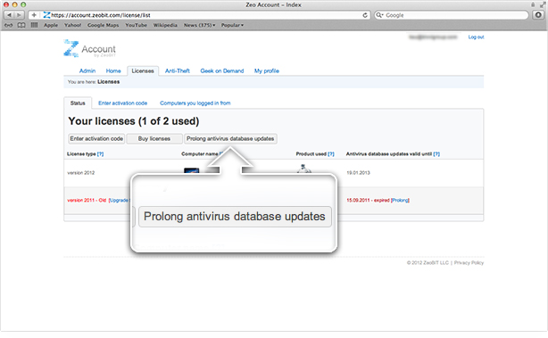 Licenses Page. Prolong Antivirus Database Updates Button