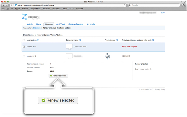 Licenses Page. Prolong Antivirus Database Updates Page