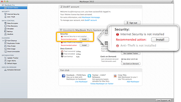 Installing Internet Security from the System Status page