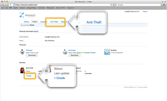 Go to the Anti-Theft tab or click Details near Anti-Theft under Services.