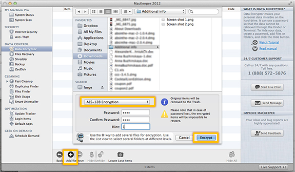 Select the items that you want to encrypt, select the encryption method, set up another password specifically for these items, and then click Encrypt.