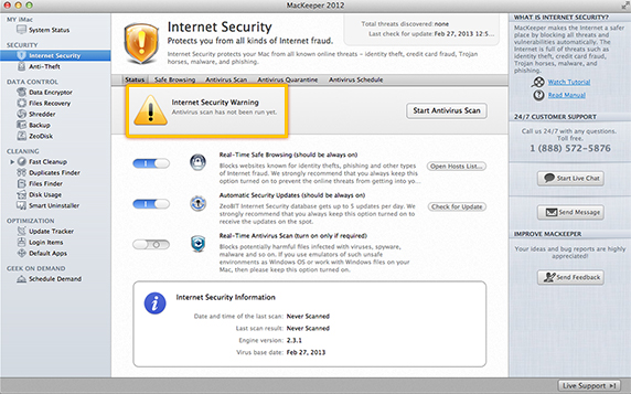 Internet Security. Antivirus scan has not been run yet.