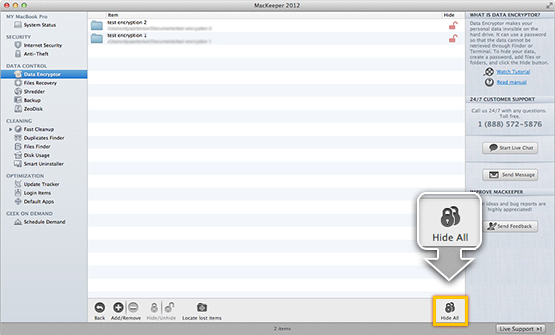 Click Hide All to encrypt all items at once.