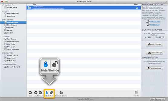To unencrypt the items, click either the closed lock icon or the Unhide button.
