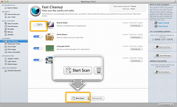 Manage the cleaners with the On/Off switches. When you are ready with the settings, click Start Scan.