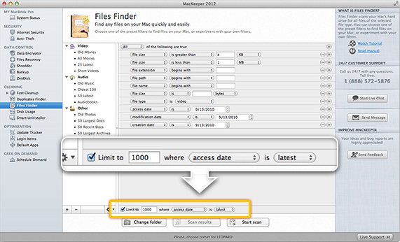 Limit the results by quantity and file size as well as by creation, modification and access dates.
