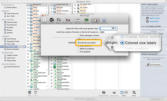 Preferences of Disk Usage. Colored Size Labels Option