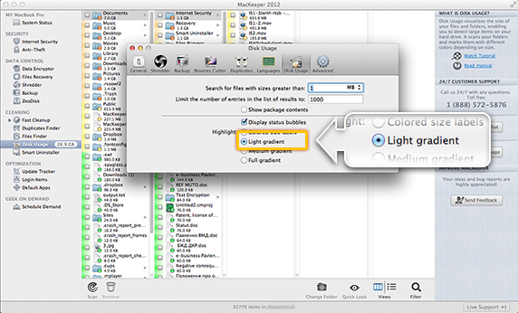 Preferences of Disk Usage. Light Gradient Option