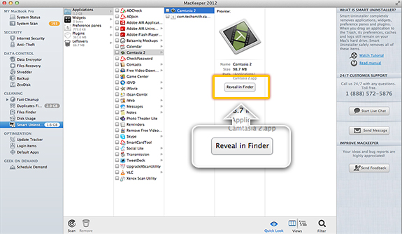 Click Reveal in Finder to show the item in the Finder.