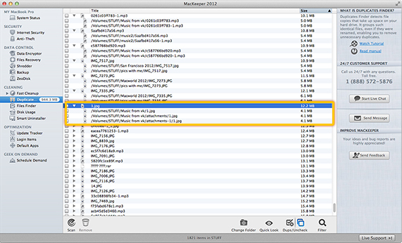 Expand a file to see its duplicates and the paths where these duplicates are located.