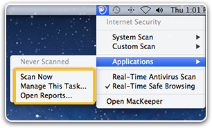 MacKeeper Menu in the Menu Bar. Managing Scheduled Items