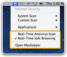 MacKeeper Menu in the Menu Bar. Real-Time Protection, Open MacKeeper