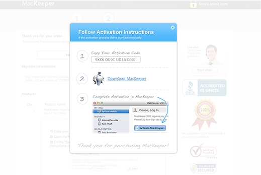 MacKeeper “Thank You” Dialog in Browser